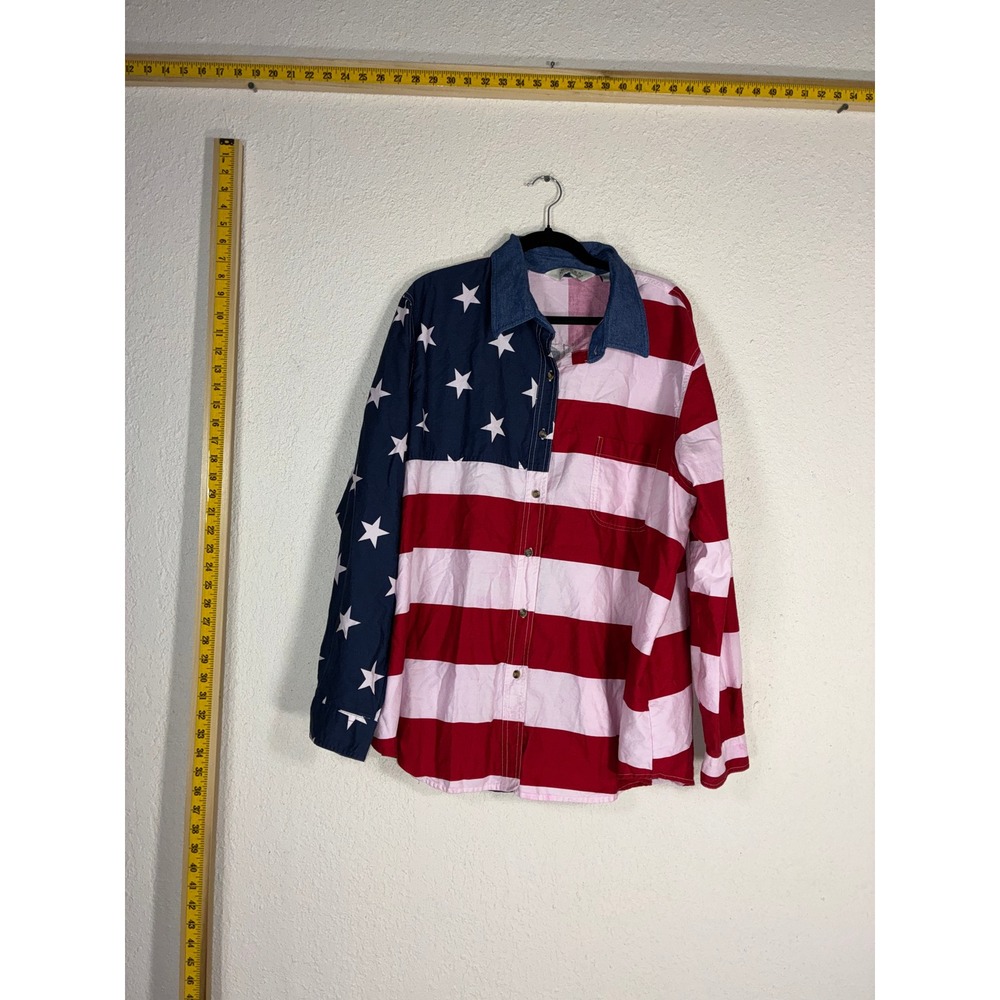 Vintage American Flag Button Down Shirt Patriotic Stars Stripes Red White Blue